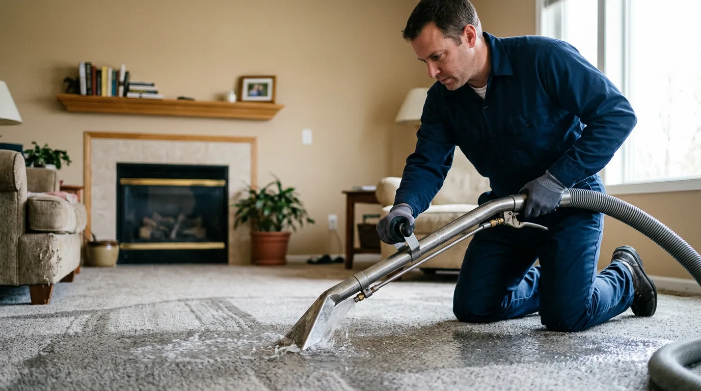 Water damage restoration technician working near Forest City, IL